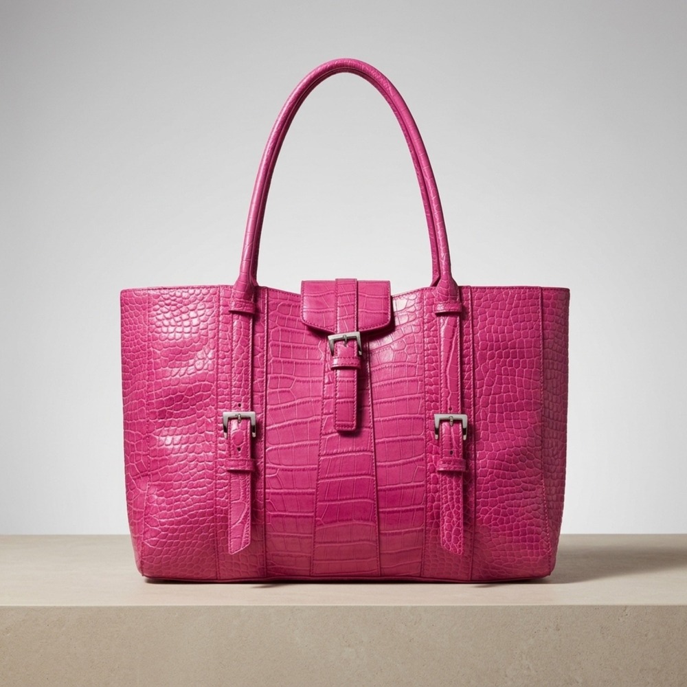 BCBGPink‎ Croco Shopper Tote Bag Fuchsia Embossed Faux Leather Buckle Detail